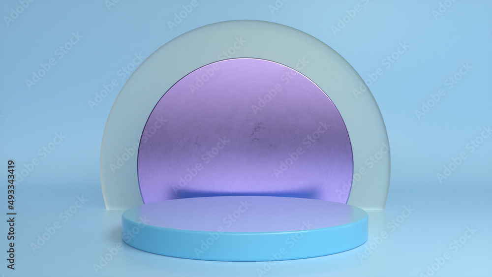 Poster blue glossy podium, pedestal on blue glass background. blank showcase mockup with empty round stage.