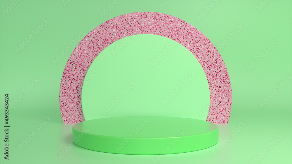 Poster Green glossy podium, pedestal on green red background. Blank showcase mockup with empty round stage. Abstract geometry background. Stage for advertising product display with copy space. 3d render