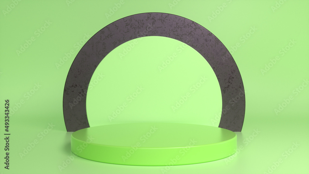 Poster Green glossy podium, pedestal on green black background. Blank showcase mockup with empty round stage. Abstract geometry background. Stage for advertising product display with copy space. 3d render