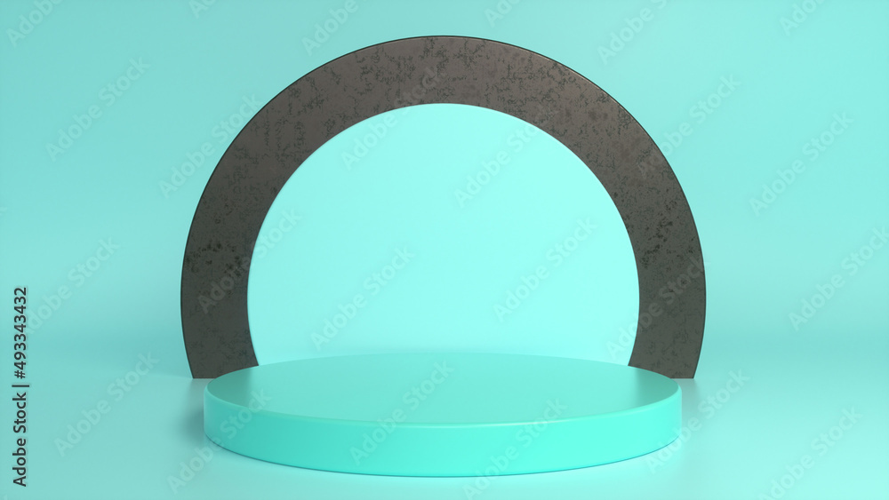 Poster blue glossy podium, pedestal on blue black background. blank showcase mockup with empty round stage.
