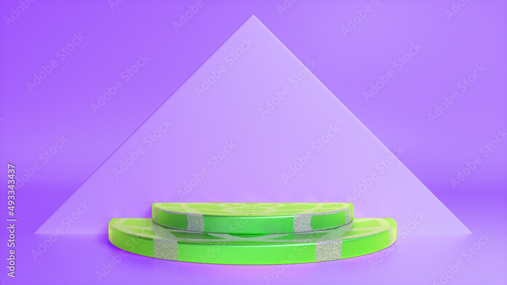 Poster green striped podium on purple abstract triangular background. blank showcase mockup with empty roun