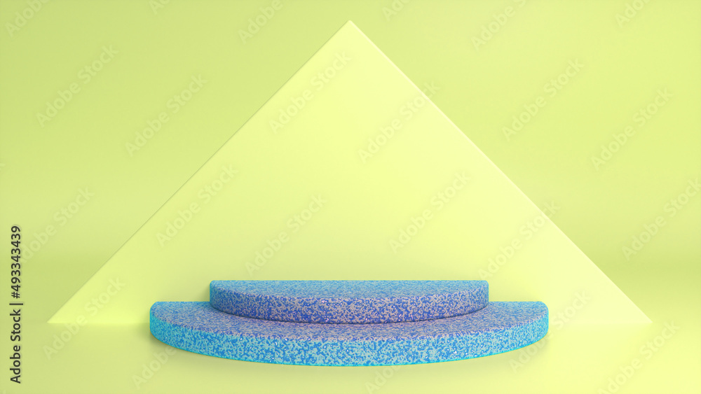 Poster blue stone podium on yellow abstract triangular background. blank showcase mockup with empty round s