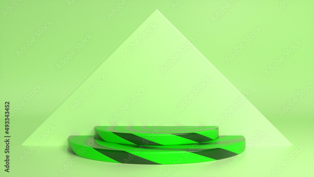Poster Green striped podium on green abstract triangular background. Blank showcase mockup with empty round stage. Geometry background. Stage for advertising product display with copy space. 3d render