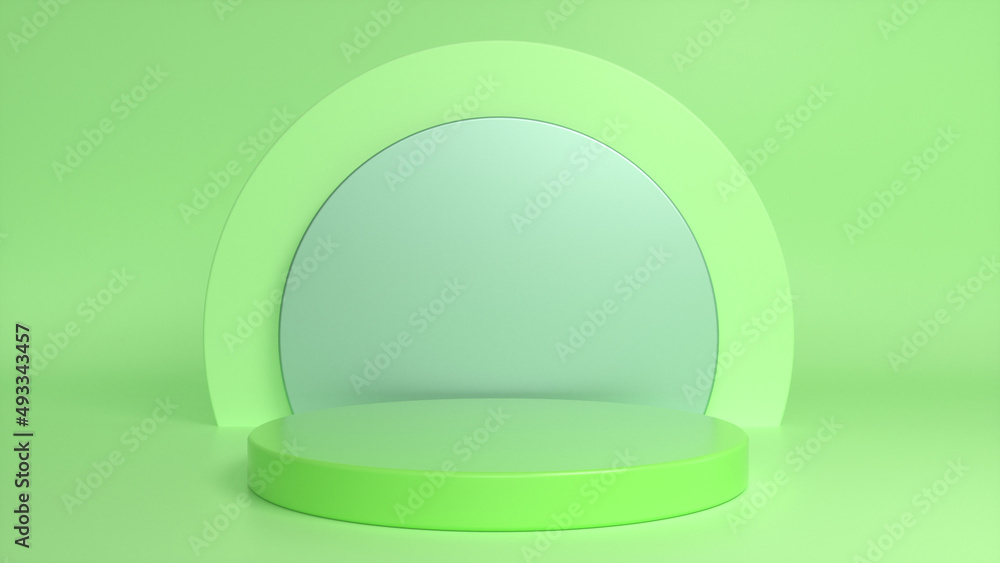 Poster Green glossy podium, pedestal on a green background. Blank showcase mockup with empty round stage. Abstract geometry background. Stage for advertising product display with copy space. 3d render