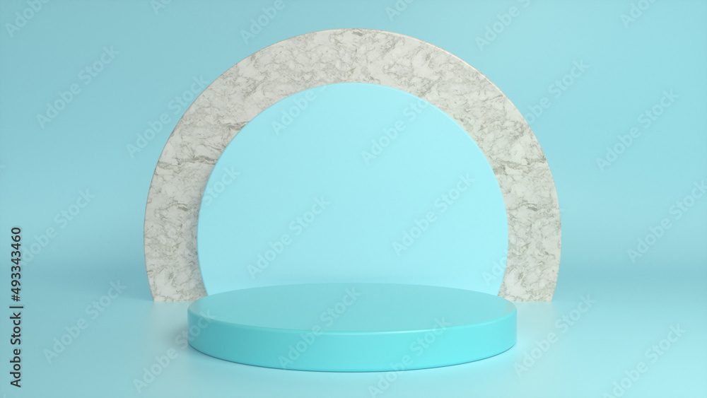 Poster blue glossy podium, pedestal onblue marble background. blank showcase mockup with empty round stage.