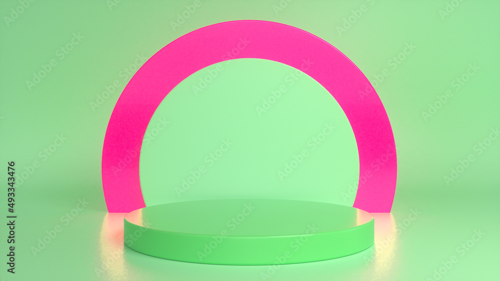 Poster Green glossy podium, pedestal on green pink background. Blank showcase mockup with empty round stage. Abstract geometry background. Stage for advertising product display with copy space.3d render