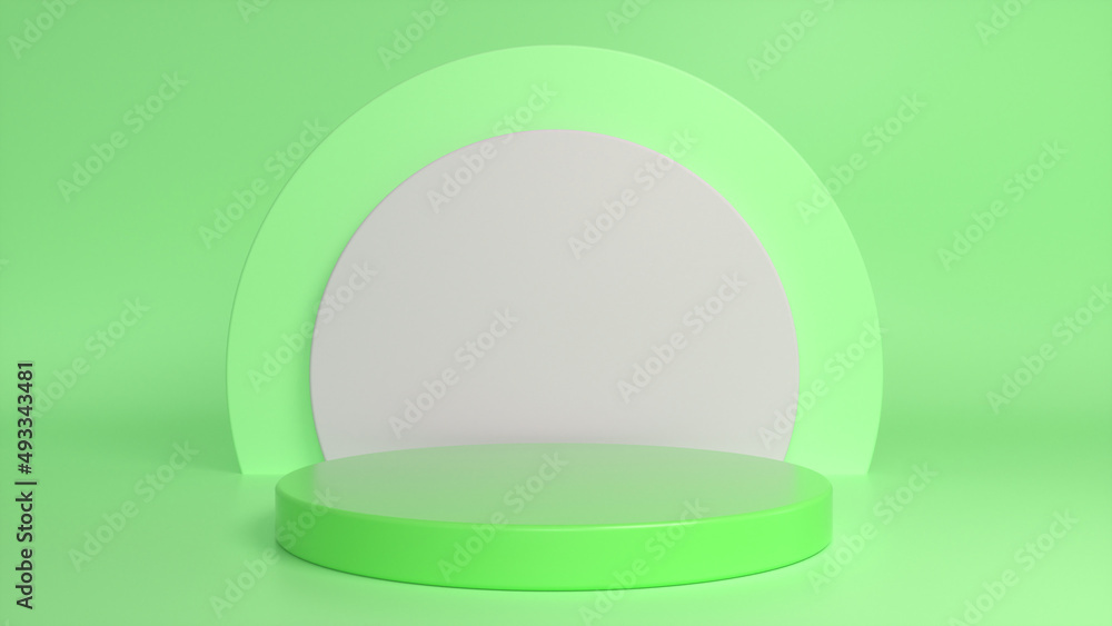 Poster Green glossy podium, pedestal on green background. Blank showcase mockup with empty round stage. Abstract geometry background. Stage for advertising product display with copy space.3d render