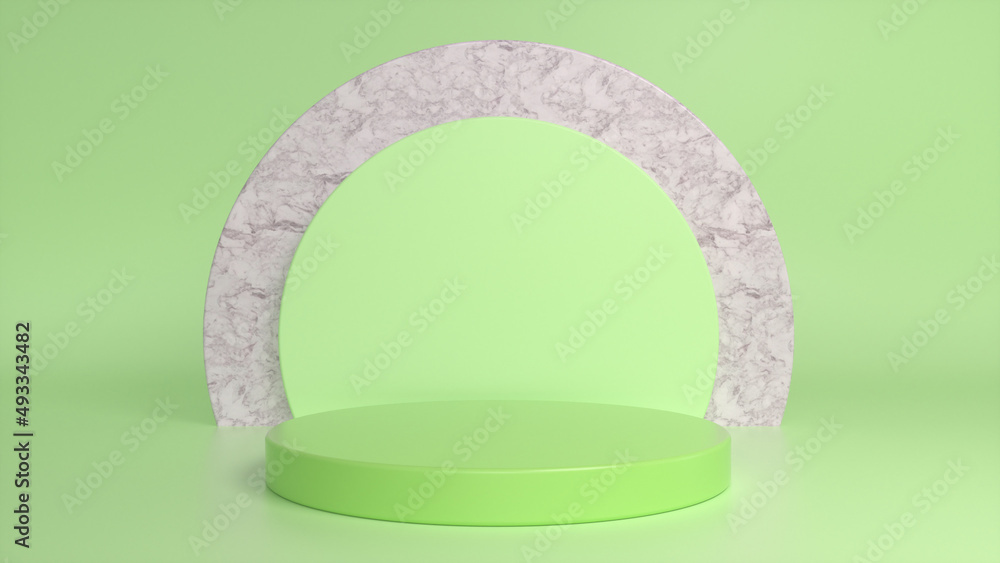Poster Green glossy podium, pedestal on green marble background. Blank showcase mockup with empty round stage. Abstract geometry background. Stage for advertising product display with copy space. 3d render