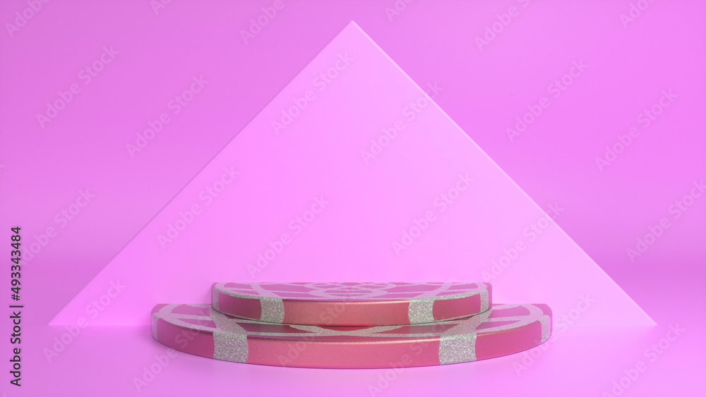 Poster striped glossy podium on pink abstract triangular background. blank showcase mockup with empty round