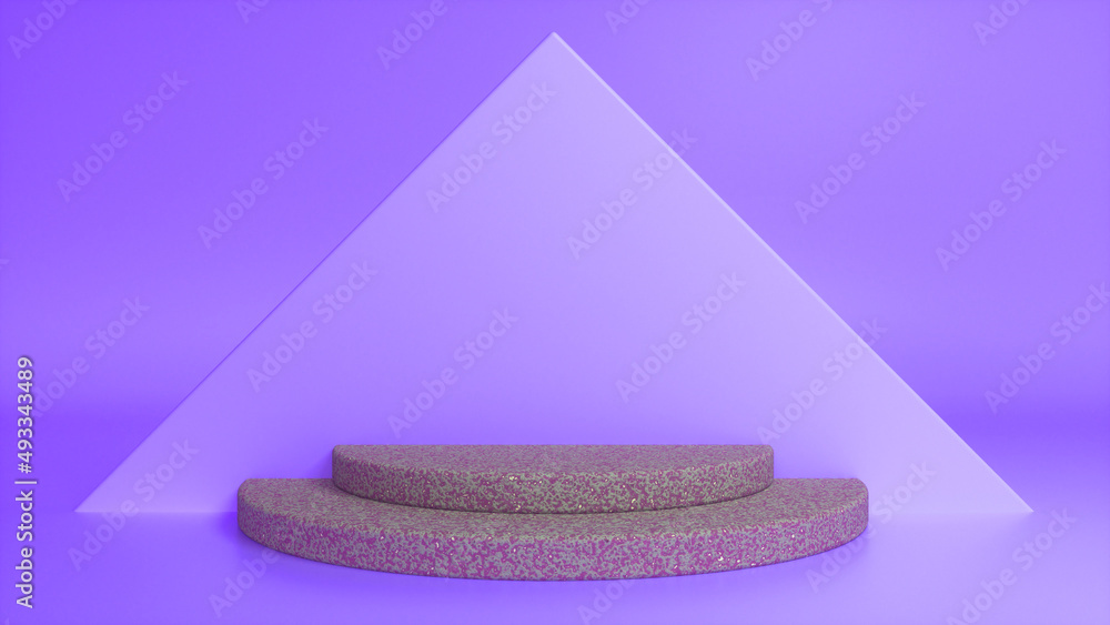 Poster rough stone podium on purple abstract triangular background. blank showcase mockup with empty round 