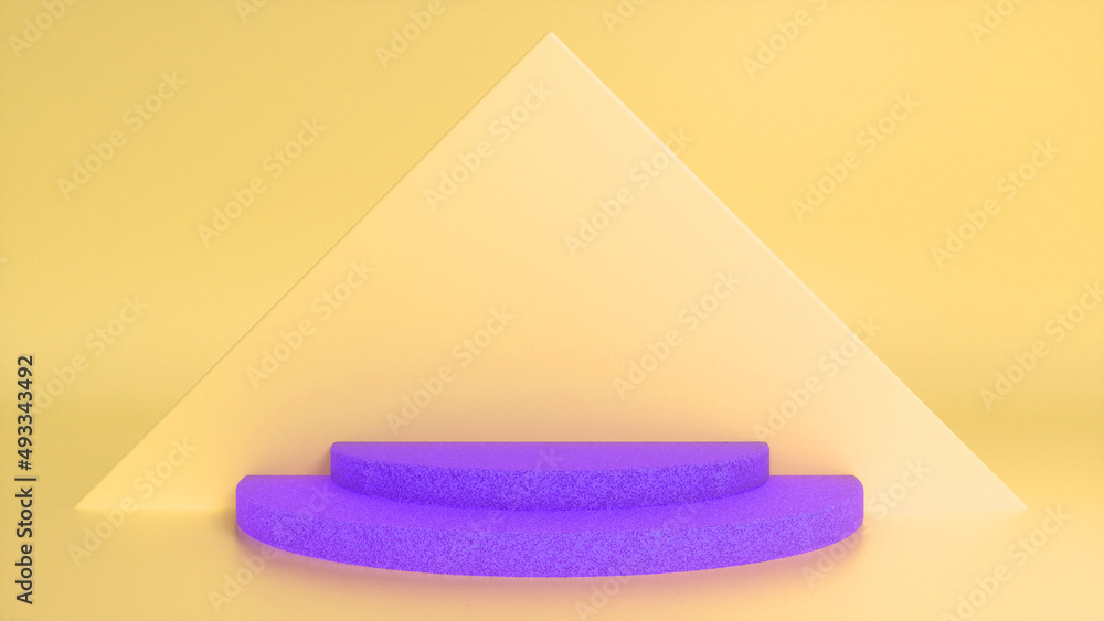Poster purple stone podium on yellow abstract triangular background. blank showcase mockup with empty round