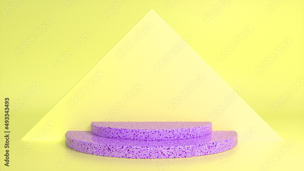 Poster purple glossy stone podium on yellow abstract triangular background. blank showcase mockup with empt