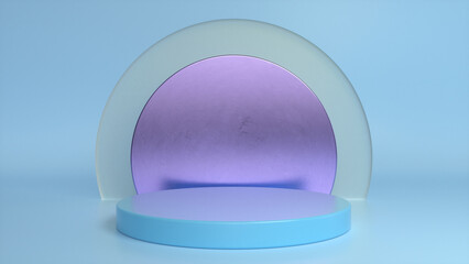 Blue glossy podium, pedestal on blue glass background. Blank showcase mockup with empty round stage. Abstract geometry background. Stage for advertising product display with copy space. 3d render