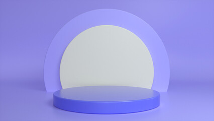 Purple glossy podium, pedestal on purple background. Blank showcase mockup with empty round stage. Abstract geometry background. Stage for advertising product display with copy space.3d render