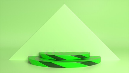 Green striped podium on green abstract triangular background. Blank showcase mockup with empty round stage. Geometry background. Stage for advertising product display with copy space. 3d render