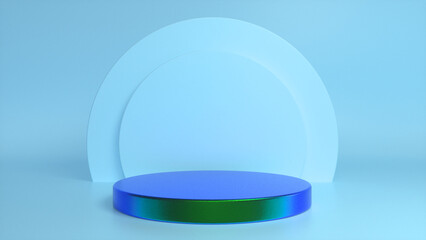Colorful glossy podium, pedestal on blue background. Blank showcase mockup with empty round stage. Abstract geometry background. Stage for advertising product display with copy space. 3d render