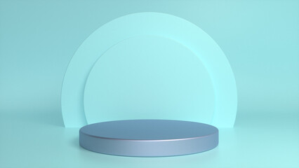 Blue glossy podium, pedestal on blue background. Blank showcase mockup with empty round stage. Abstract geometry background. Stage for advertising product display with copy space. 3d render