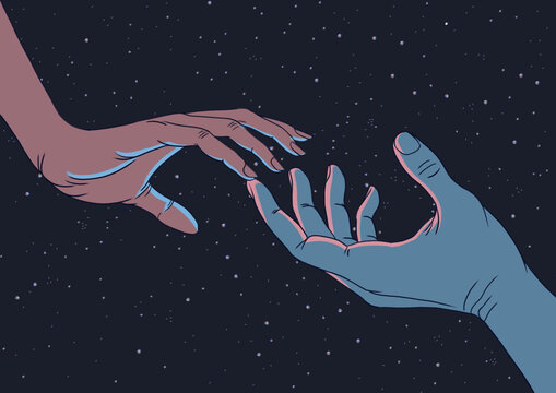 Illustration of man and woman hands touching in the universe