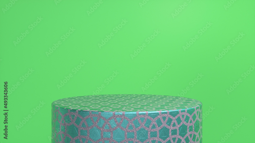 Poster green glossy pattern podium, pedestal on green background. blank showcase mockup with empty round st
