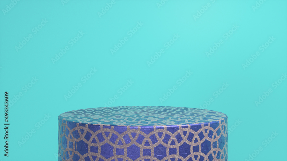 Poster purple glossy pattern podium, pedestal on blue background. blank showcase mockup with empty round st