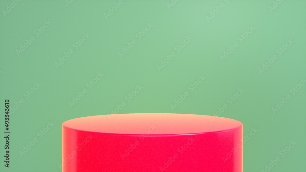 Poster red glossy podium, pedestal on green background. blank showcase mockup with empty round stage. abstr