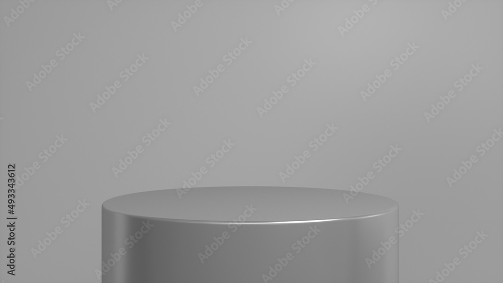 Poster chrome glossy podium, pedestal on grey background. blank showcase mockup with empty round stage. abs