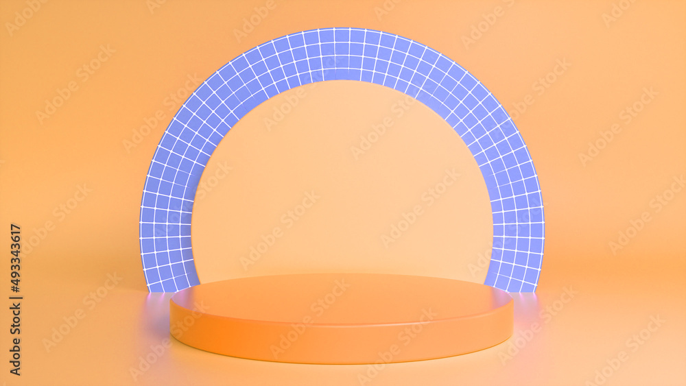 Poster orange glossy podium, pedestal on orange striped background. blank showcase mockup with empty round 