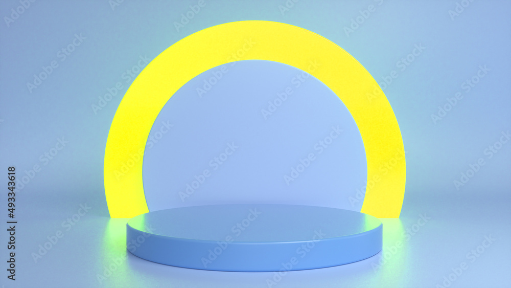 Poster blue glossy podium, pedestal on blue yellow background. blank showcase mockup with empty round stage