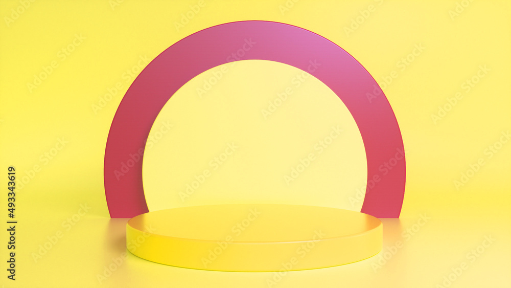 Poster yellow glossy podium, pedestal on yellow red background. blank showcase mockup with empty round stag