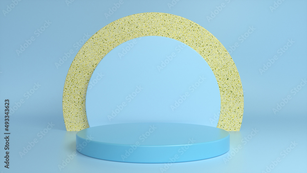 Poster blue glossy podium, pedestal on blue yellow background. blank showcase mockup with empty round stage