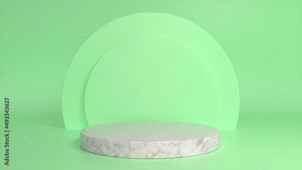 Poster marble glossy podium, pedestal on green background. blank showcase mockup with empty round stage. ab