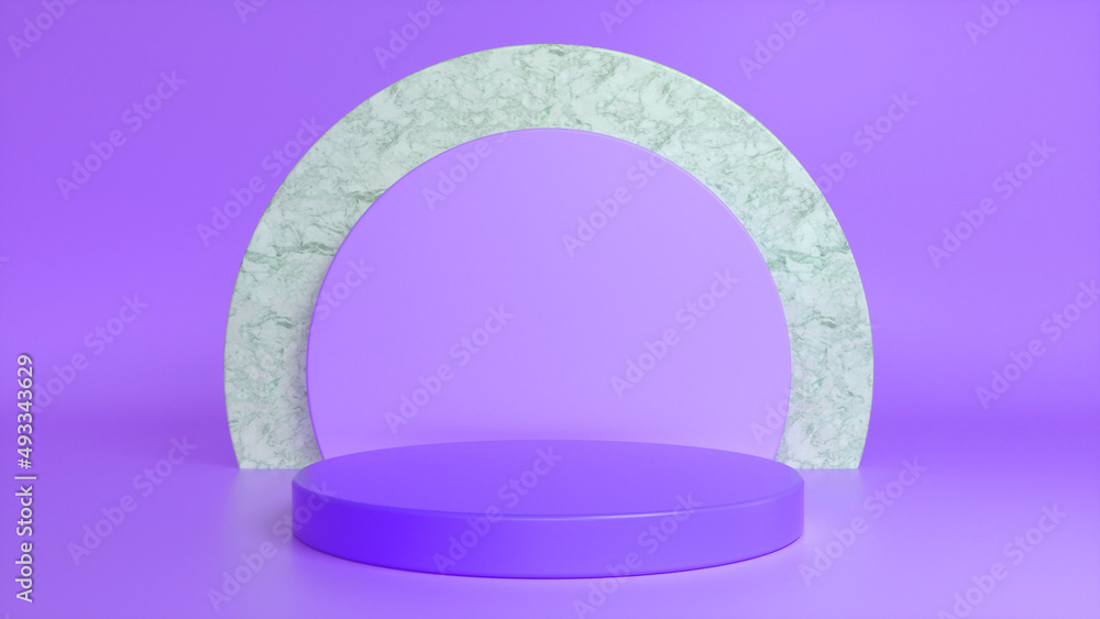 Poster purple glossy podium, pedestal on purple marble background. blank showcase mockup with empty round s