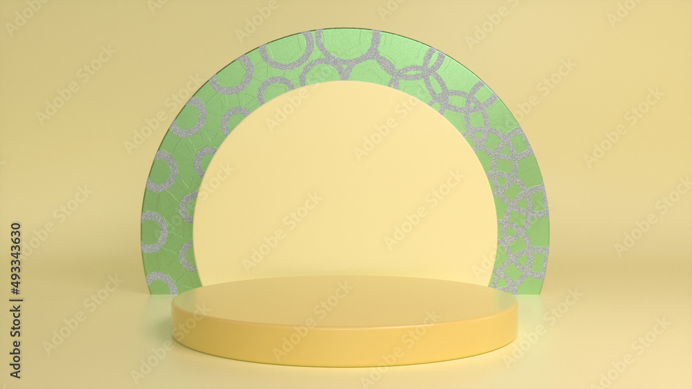 Poster yellow glossy podium, pedestal on patterned background. blank showcase mockup with empty round stage