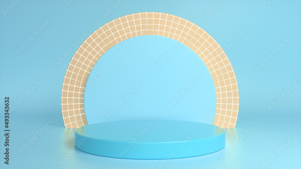 Poster blue glossy podium, pedestal on blue background. blank showcase mockup with empty round stage. abstr