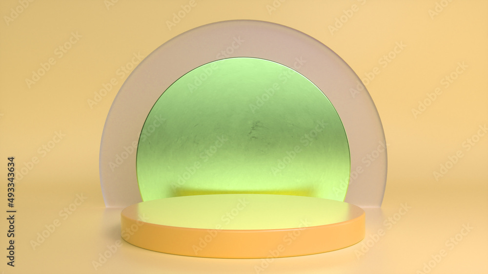Poster orange glossy podium, pedestal on yellow glass background. blank showcase mockup with empty round st