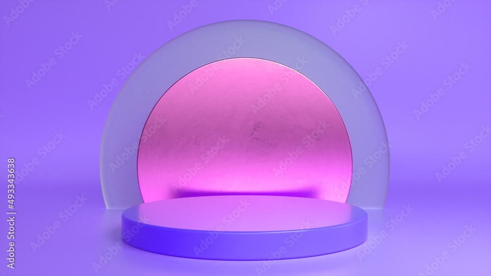 Poster purple glossy podium, pedestal on purple glass background. blank showcase mockup with empty round st