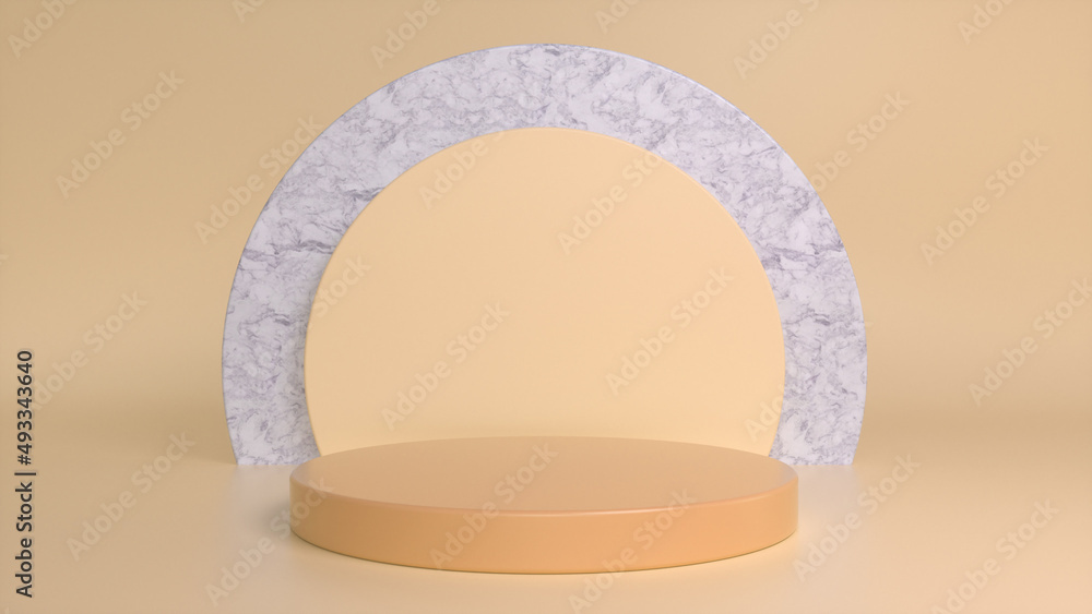 Poster orange glossy podium, pedestal on orange marble background. blank showcase mockup with empty round s