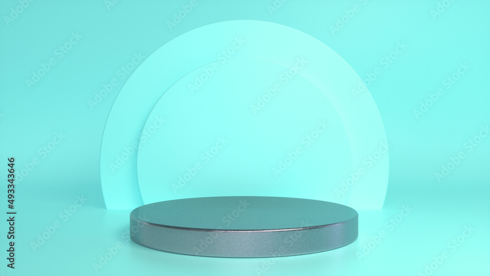 Poster rough metal podium, pedestal on blue background. blank showcase mockup with empty round stage. abstr