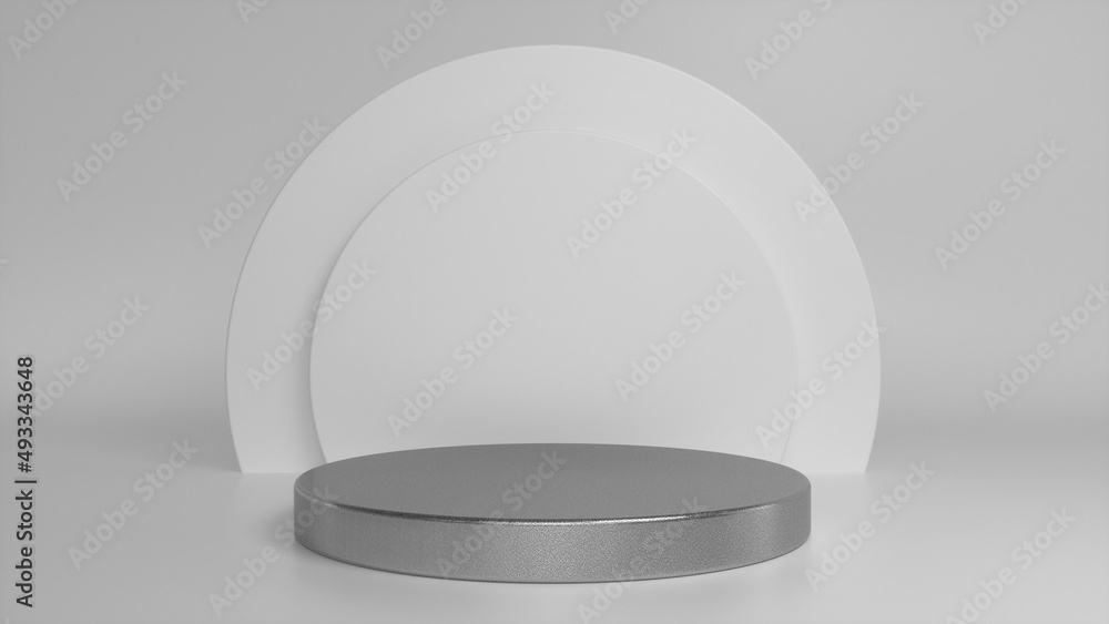 Poster rough metal podium, pedestal on grey background. blank showcase mockup with empty round stage. abstr