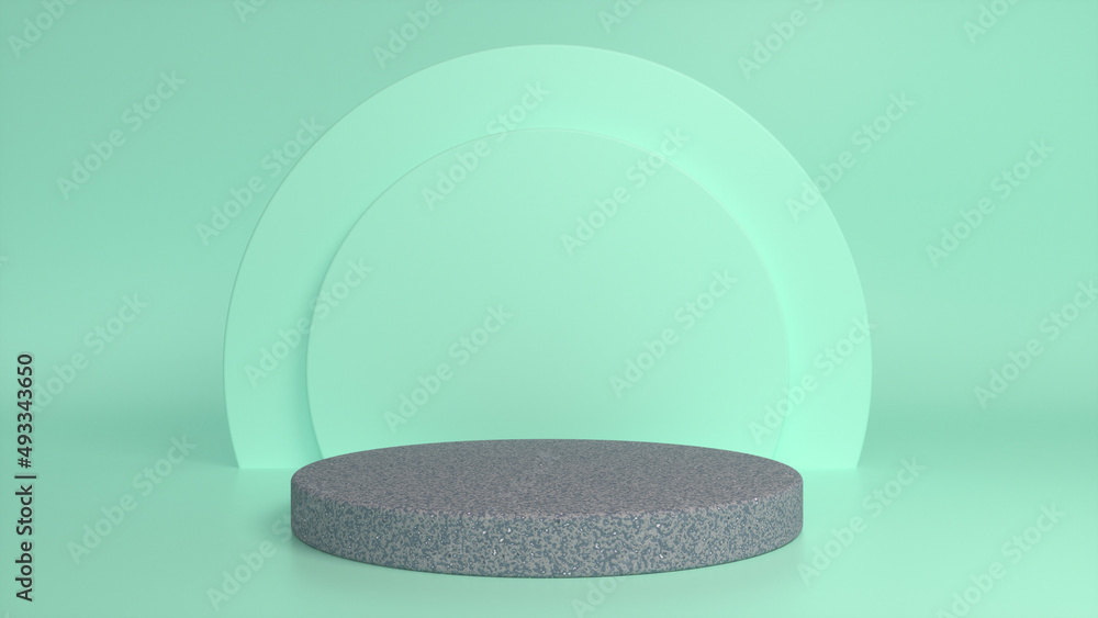 Poster rough metal podium, pedestal on green background. blank showcase mockup with empty round stage. abst