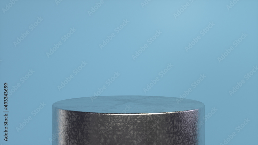 Poster chrome glossy podium, pedestal on blue background. blank showcase mockup with empty round stage. abs