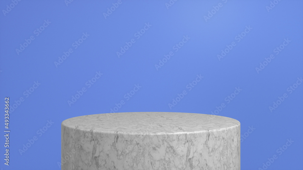 Poster marble glossy podium, pedestal on blue background. blank showcase mockup with empty round stage. abs