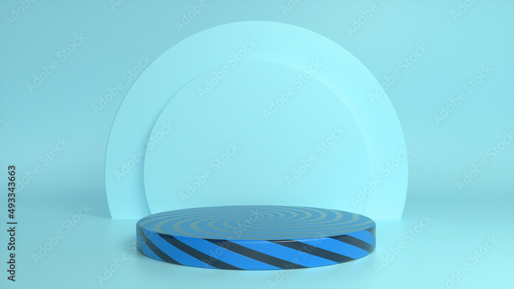 Poster blue black striped podium, pedestal on blue background. blank showcase mockup with empty round stage