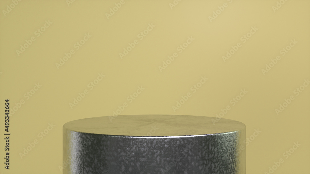 Poster chrome glossy podium, pedestal on yellow background. blank showcase mockup with empty round stage. a
