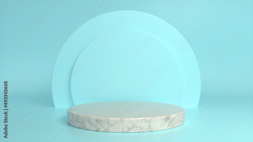 Poster marble glossy podium, pedestal on blue background. blank showcase mockup with empty round stage. abs
