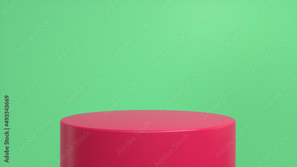 Poster red glossy podium, pedestal on green background. blank showcase mockup with empty round stage. abstr