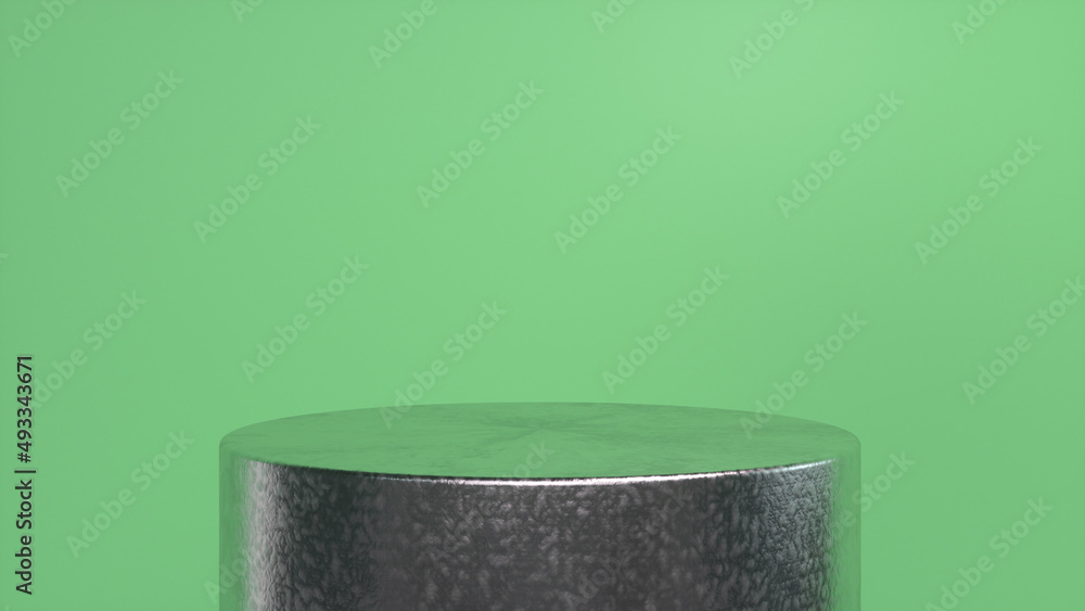 Poster chrome glossy podium, pedestal on green background. blank showcase mockup with empty round stage. ab