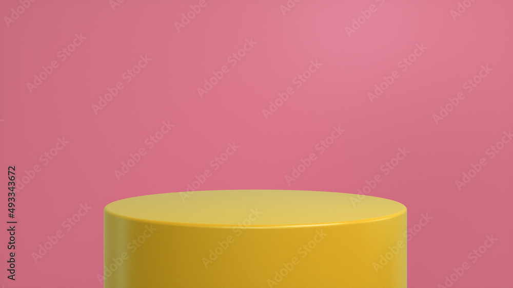 Poster yellow glossy podium, pedestal on pink background. blank showcase mockup with empty round stage. abs