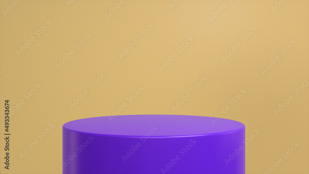 Poster purple glossy podium, pedestal on yellow background. blank showcase mockup with empty round stage. a