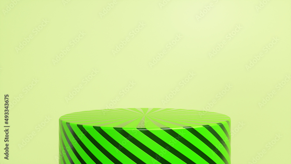 Poster green striped glossy podium, pedestal on green background. blank showcase mockup with empty round st